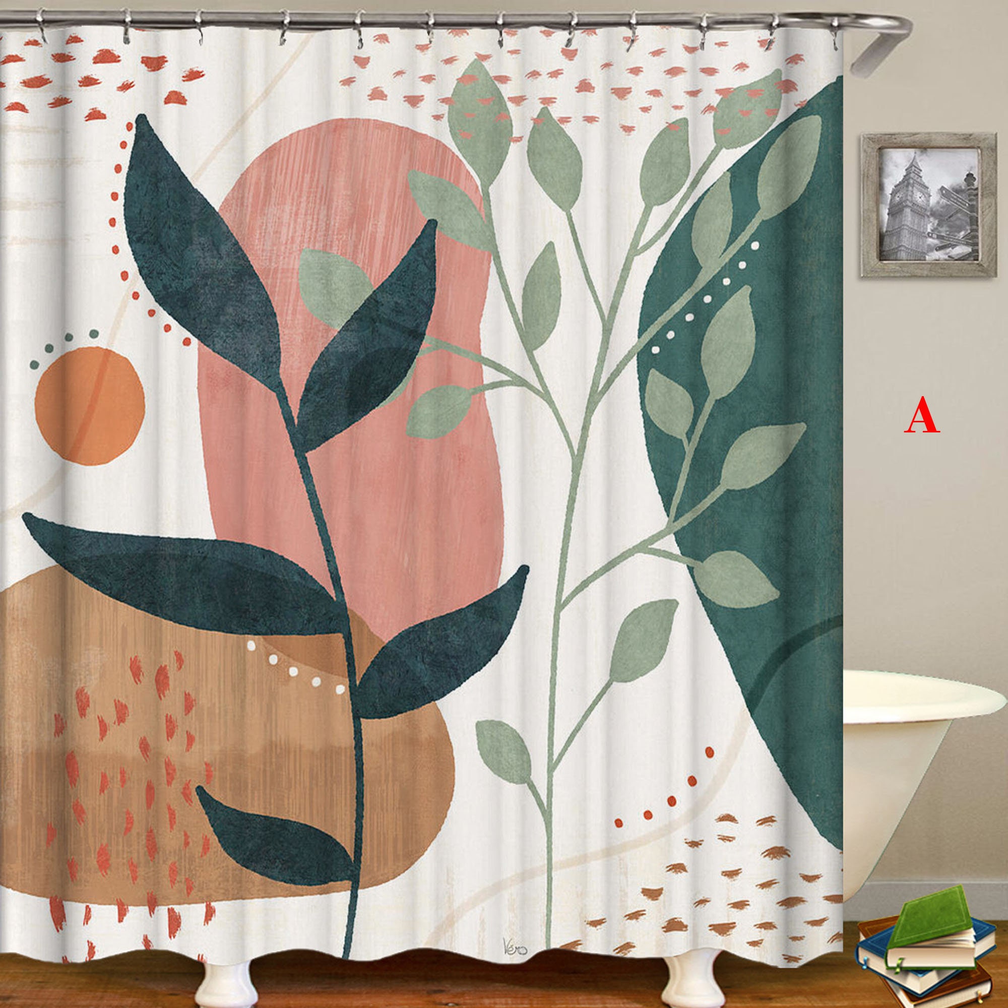 Green Leaf Funny Plant Shower Curtain with Flower and Fabric Print