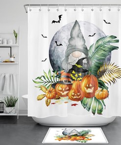 Green Leaf Gnome on Pumpkin Halloween Shower Curtain: Cute and Quirky Bathroom Accessories for Kids