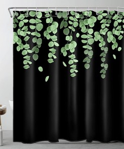 Green Leaf Green Eucalyptus Leaves On Black Background Watercolor Plant Bath Curtain Set Shower Curtain