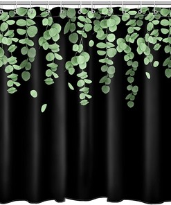 Green Leaf Green Eucalyptus Leaves On Black Background Watercolor Plant Bath Curtain Set Shower Curtain