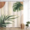 Green Leaf Mid Century Shower Curtaines With Abstract Plant Botanical Bathroom Palm Curve Minimalist Modern