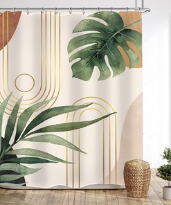 Green Leaf Mid Century Shower Curtaines With Abstract Plant Botanical Bathroom Palm Curve Minimalist Modern