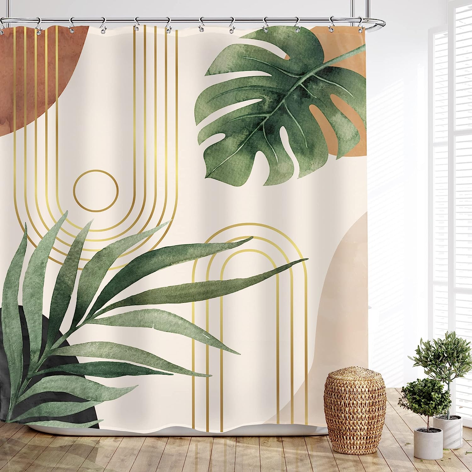 Green Leaf Mid Century Shower Curtaines With Abstract Plant Botanical Bathroom Palm Curve Minimalist Modern