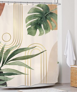 Green Leaf Mid Century Shower Curtaines With Abstract Plant Botanical Bathroom Palm Curve Minimalist Modern