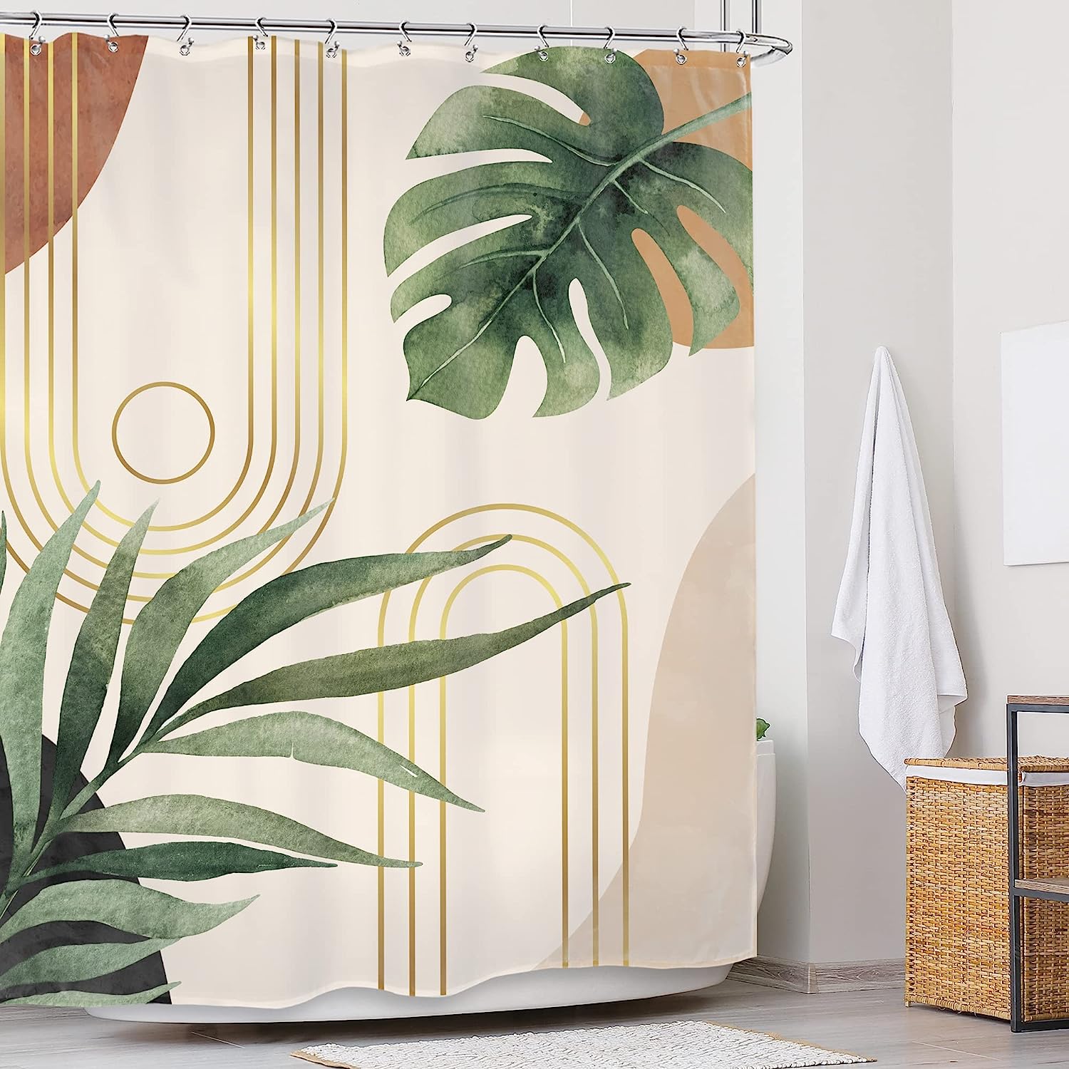 Green Leaf Mid Century Shower Curtaines With Abstract Plant Botanical Bathroom Palm Curve Minimalist Modern