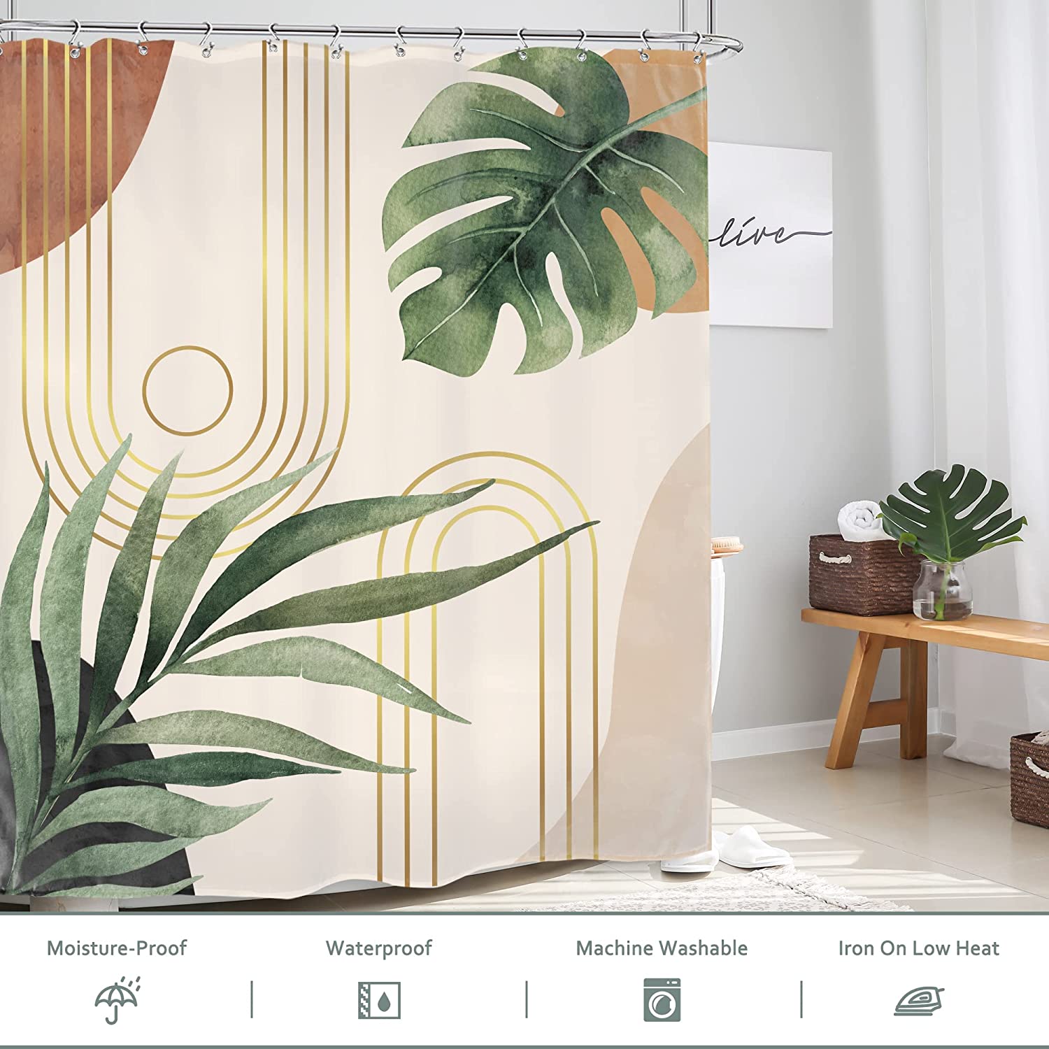 Green Leaf Mid Century Shower Curtaines With Abstract Plant Botanical Bathroom Palm Curve Minimalist Modern