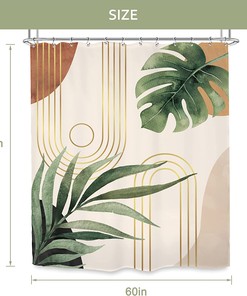 Green Leaf Mid Century Shower Curtaines With Abstract Plant Botanical Bathroom Palm Curve Minimalist Modern