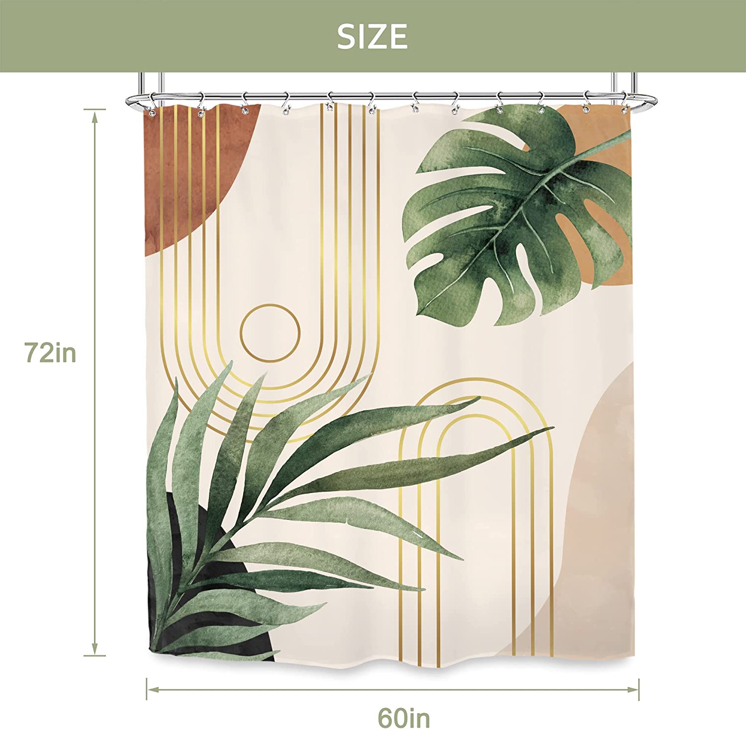 Green Leaf Mid Century Shower Curtaines With Abstract Plant Botanical Bathroom Palm Curve Minimalist Modern