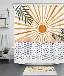 Green Leaf Ocean Sun Mid Century Vintage Shower Curtain For Nature Themed Bathroom Decor
