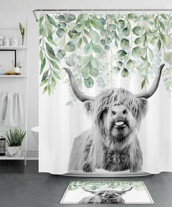 Green Leaf Plant Farmhouse Highland Cow Shower Curtain For Bathroom Decor 