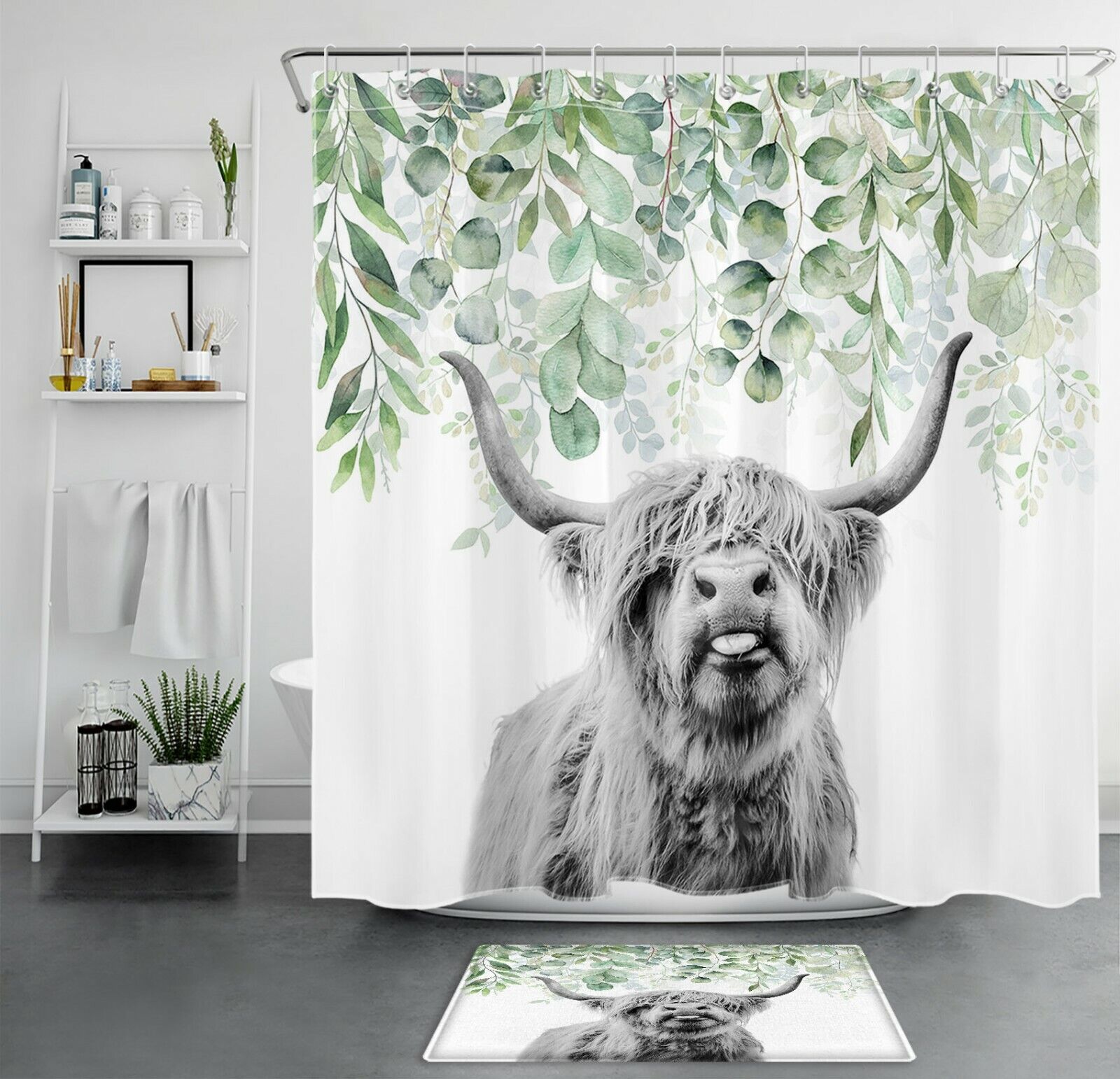 Green Leaf Plant Farmhouse Highland Cow Shower Curtain For Bathroom Decor
