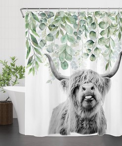 Green Leaf Plant Farmhouse Highland Cow Shower Curtain For Bathroom Decor