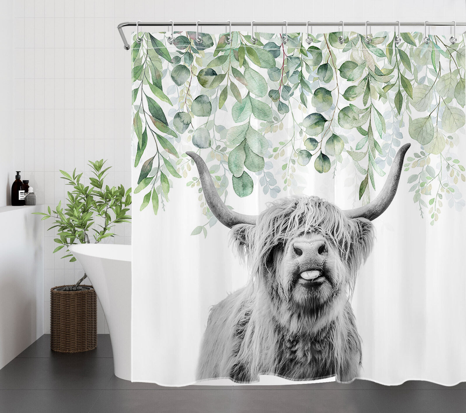 Green Leaf Plant Farmhouse Highland Cow Shower Curtain For Bathroom Decor