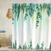 Green Leaf Plant Shower Curtain - White Stripes Waterproof Fabric Bathroom Curtain