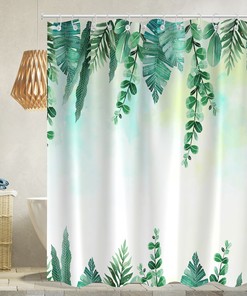 Green Leaf Plant Shower Curtain - White Stripes Waterproof Fabric Bathroom Curtain
