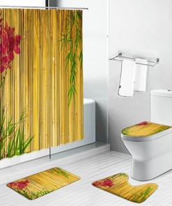 Green Leaf Print Shower Curtain With Bamboo And Lotus Flowers Decorative