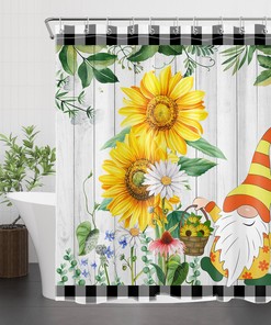 Green Leaf Sunflower Gnome Shower Curtain Rustic Board Bathroom Accessories
