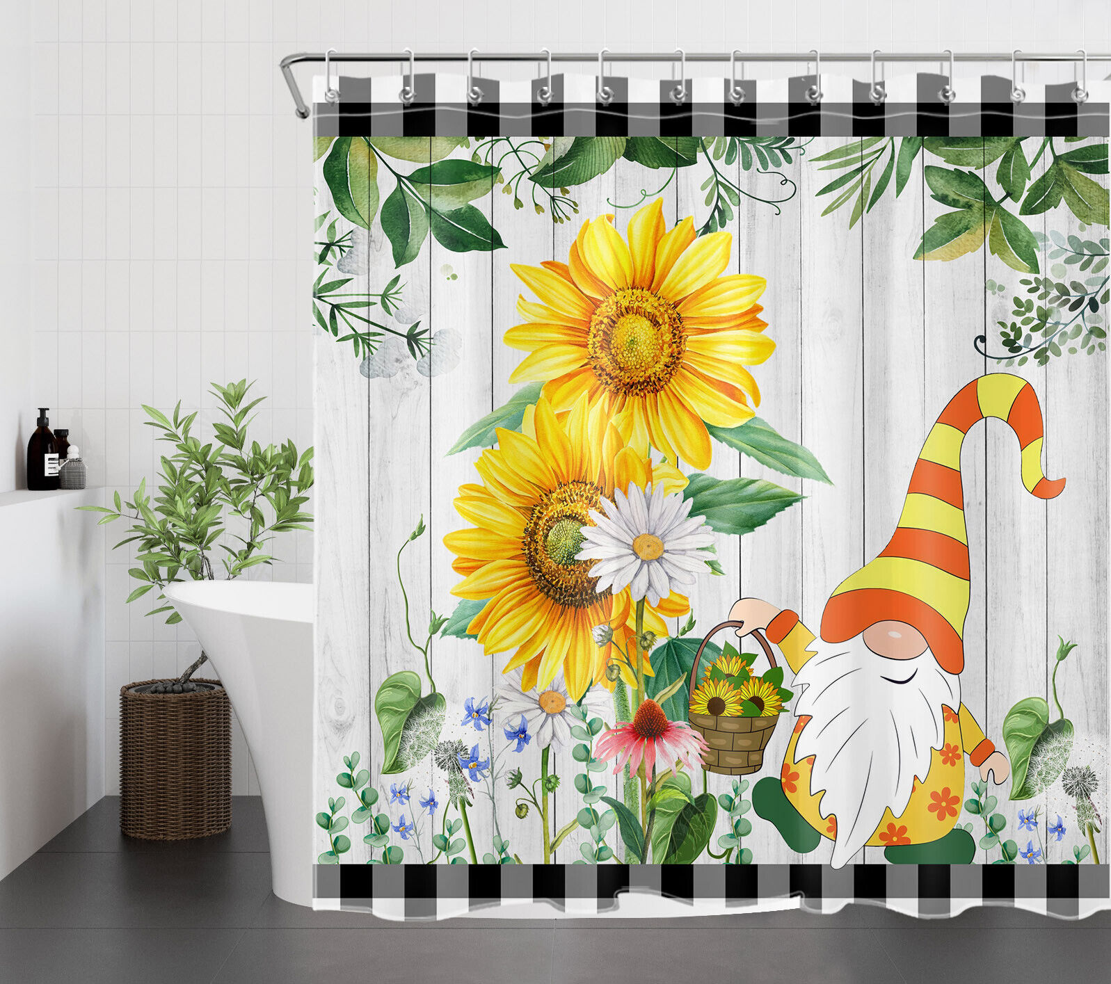 Green Leaf Sunflower Gnome Shower Curtain Rustic Board Bathroom Accessories