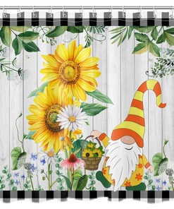 Green Leaf Sunflower Gnome Shower Curtain Rustic Board Bathroom Accessories