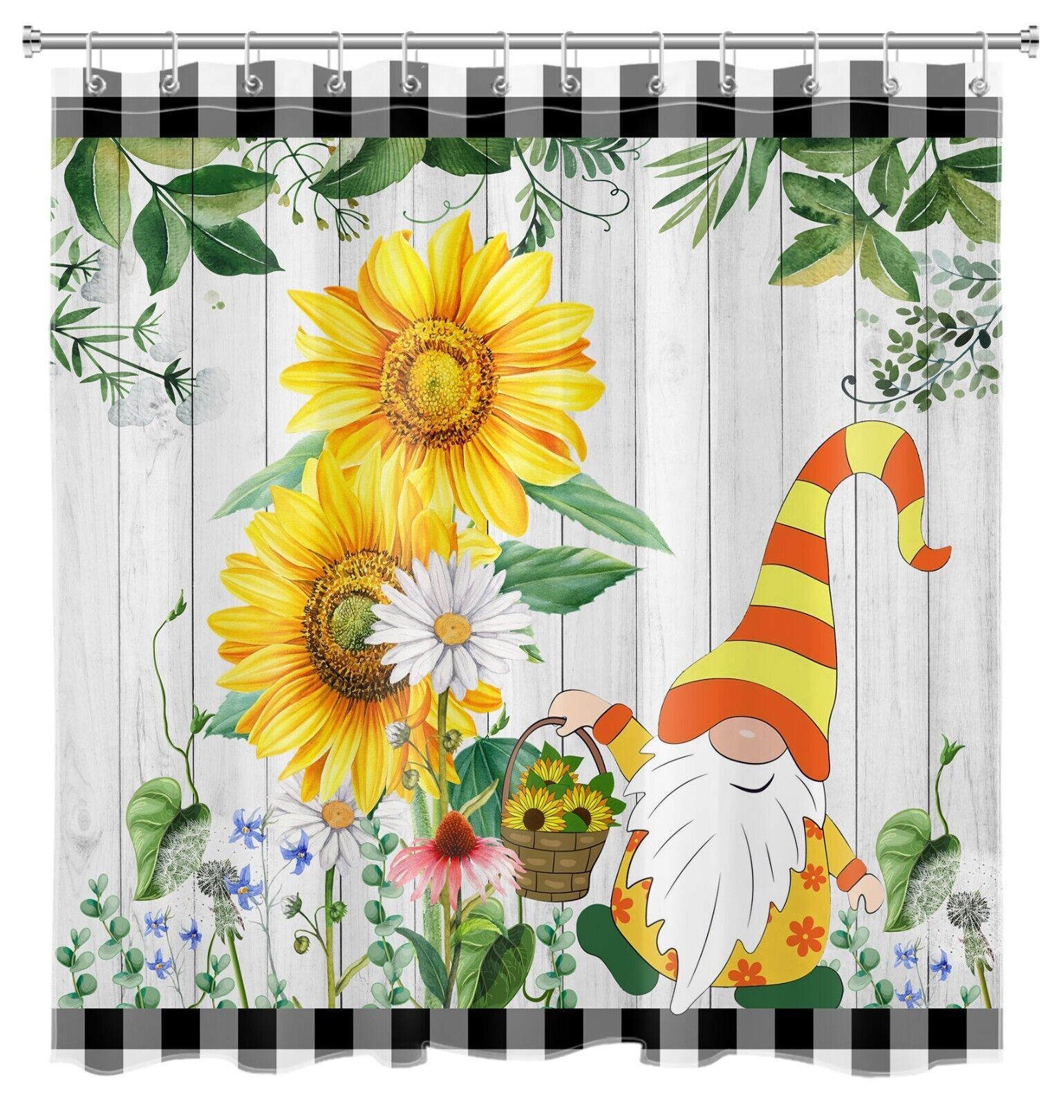 Green Leaf Sunflower Gnome Shower Curtain Rustic Board Bathroom Accessories