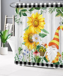 Green Leaf Sunflower Gnome Shower Curtain Rustic Board Bathroom Accessories
