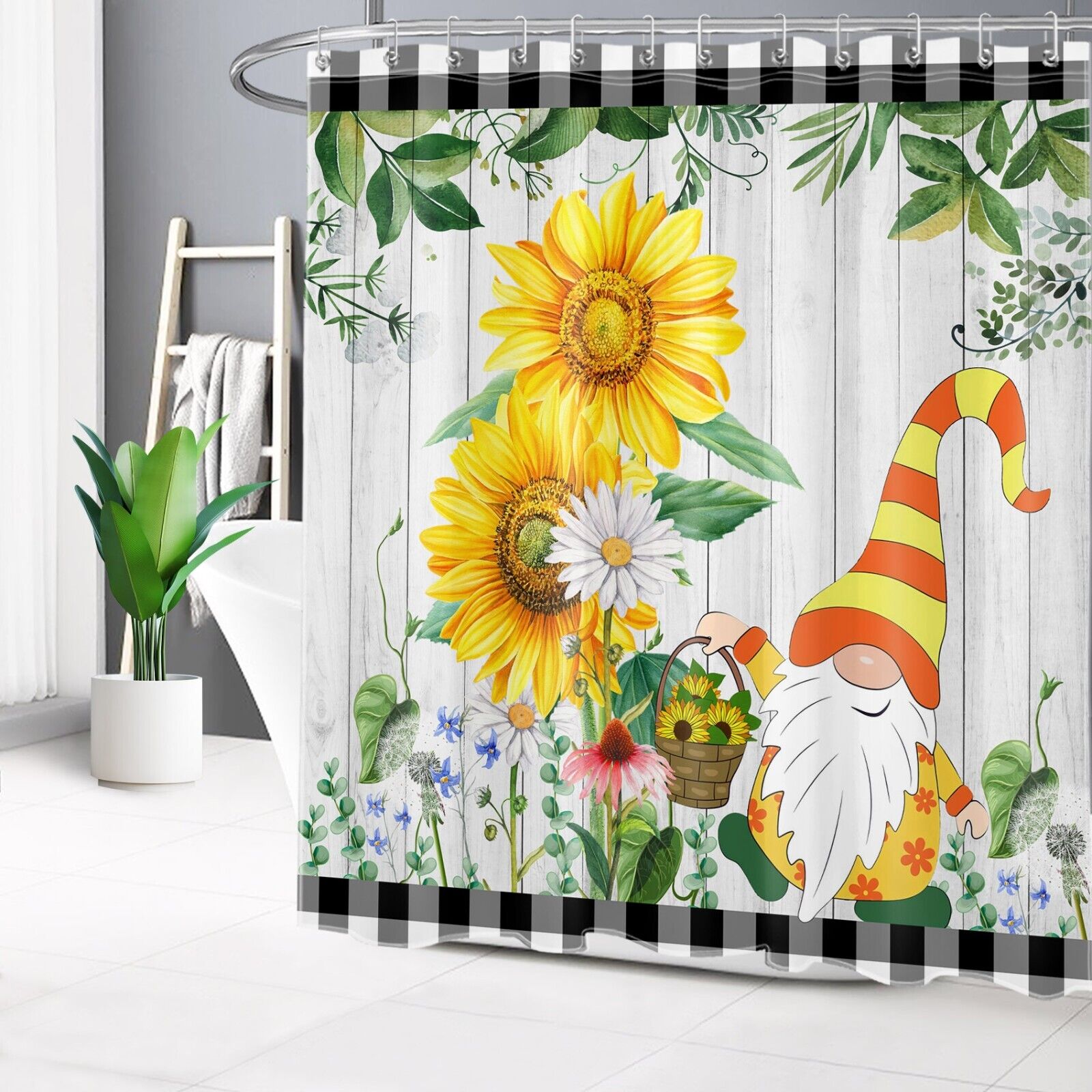 Green Leaf Sunflower Gnome Shower Curtain Rustic Board Bathroom Accessories