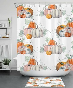 Green Leaf Watercolor Pumpkin Shower Curtain, Thanksgiving Bathroom Decor