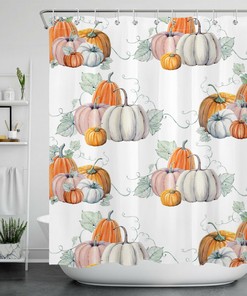 Green Leaf Watercolor Pumpkin Shower Curtain, Thanksgiving Bathroom Decor