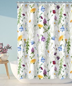 Green Leaf and Wildflower Botanical Shower Curtain