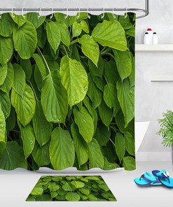 Green Leafs Water Drops Shower Curtain for a Fresh and Dewy Bathroom Decor