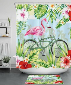 Green Leaves And Funny Flamingo Bike Shower Curtain For Bathroom Decor
