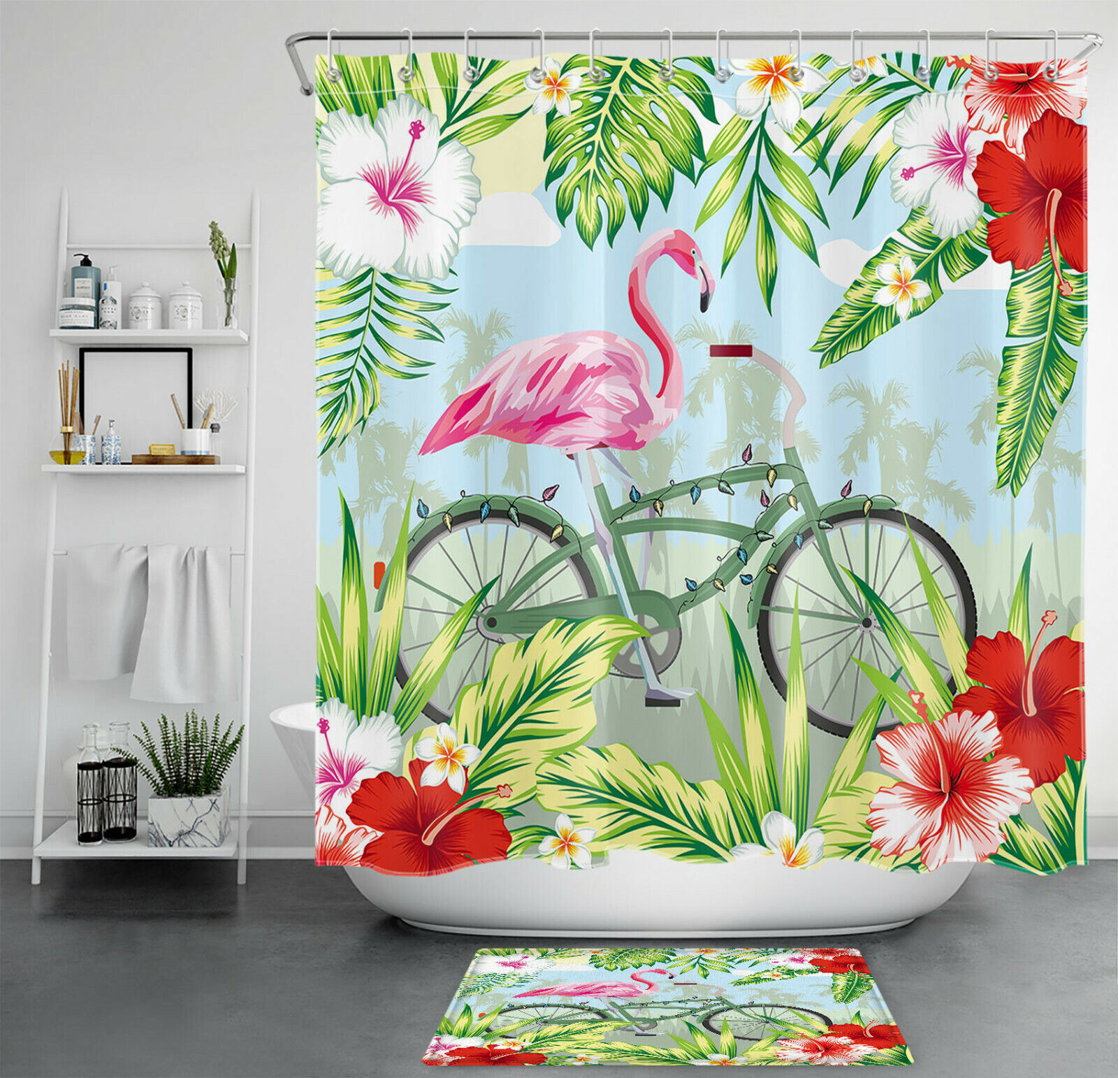 Green Leaves And Funny Flamingo Bike Shower Curtain For Bathroom Decor