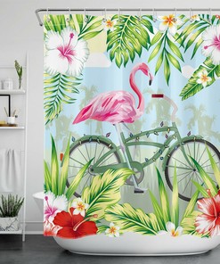 Green Leaves And Funny Flamingo Bike Shower Curtain For Bathroom Decor