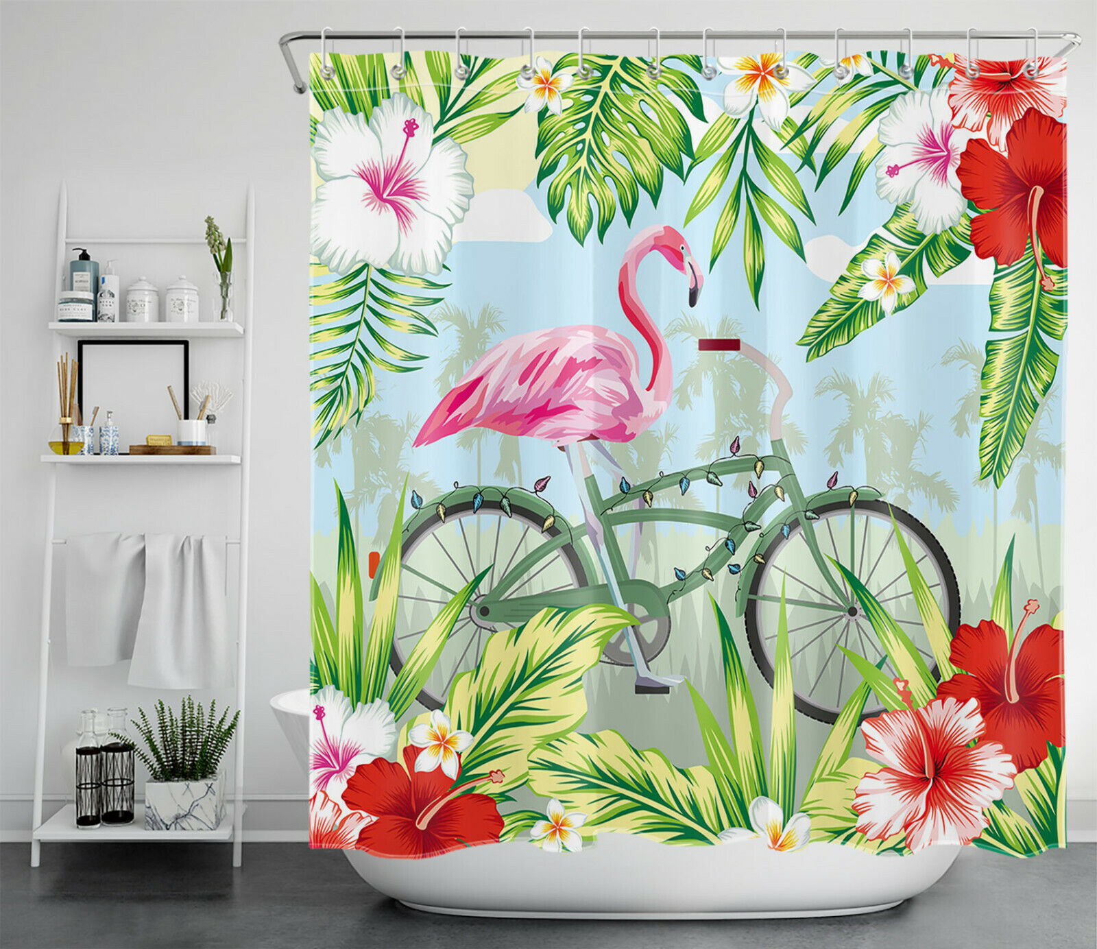 Green Leaves And Funny Flamingo Bike Shower Curtain For Bathroom Decor