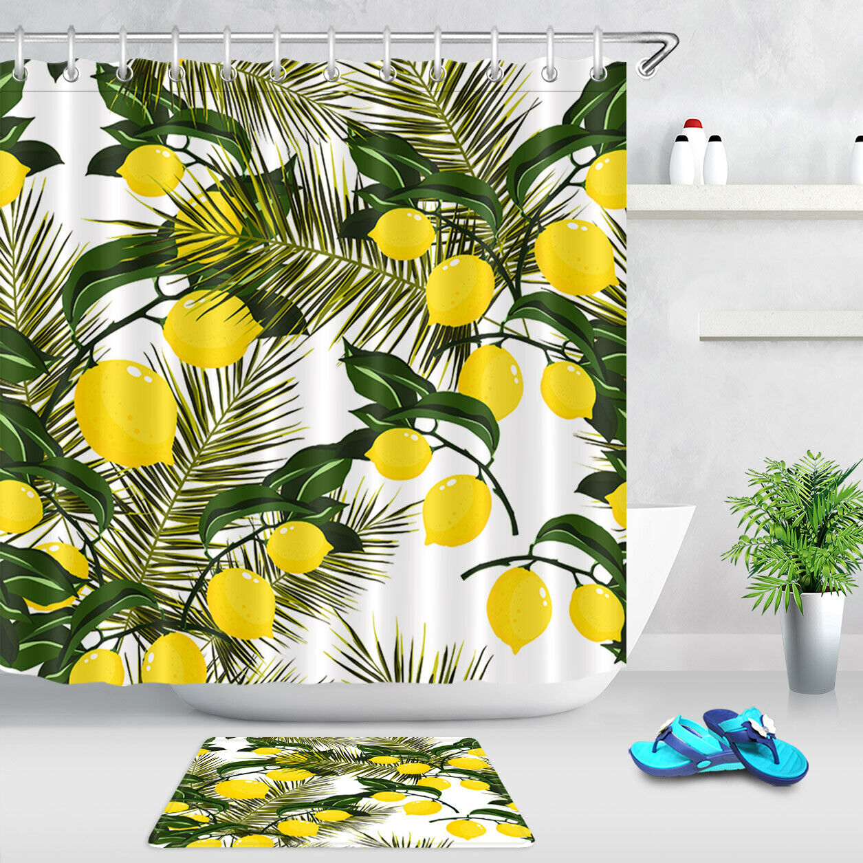 Green Leaves And Yellow Lemon Fabric Shower Curtain For Fruit Lovers