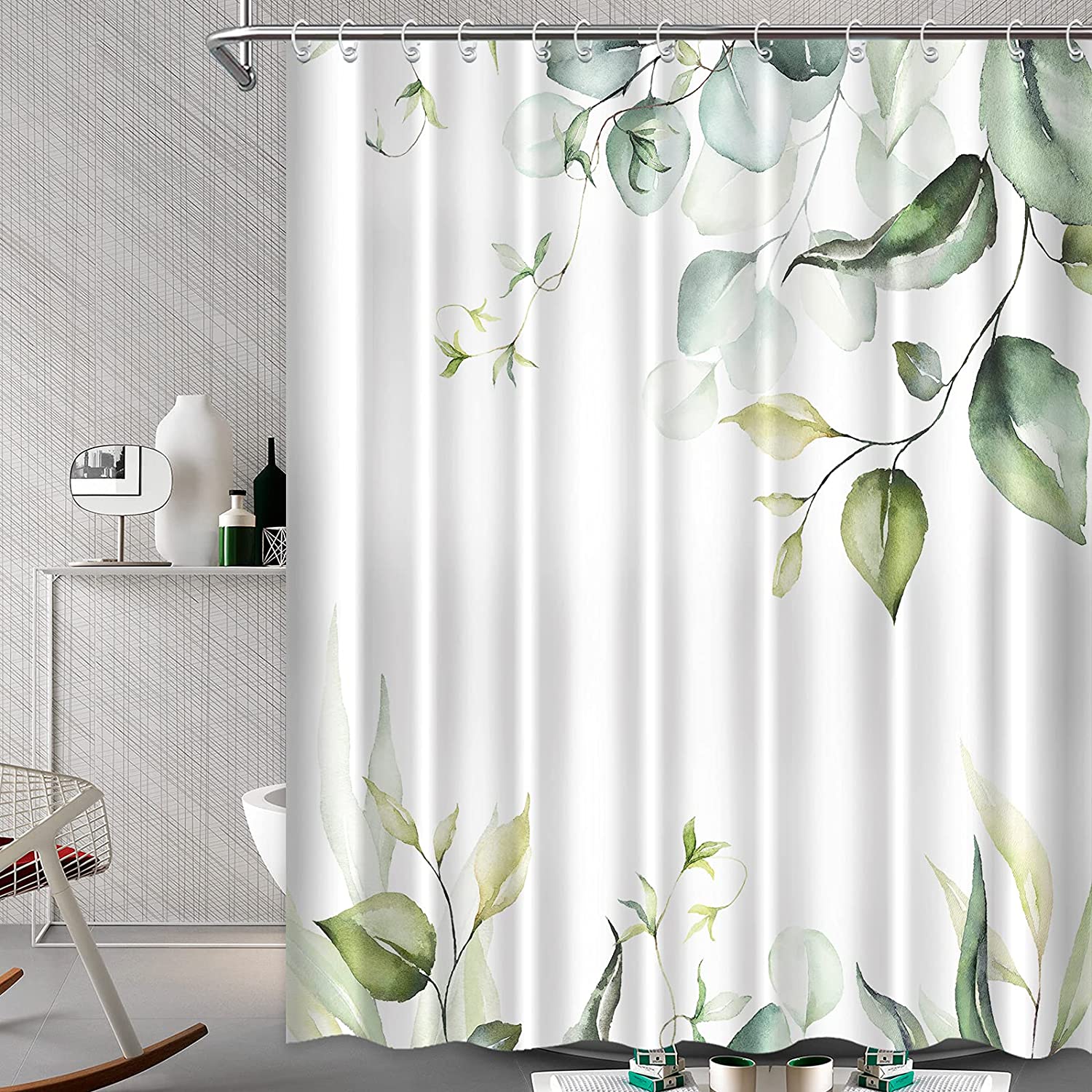 Green Leaves Botanical Themed Floral Shower Curtain for Bathroom Decor