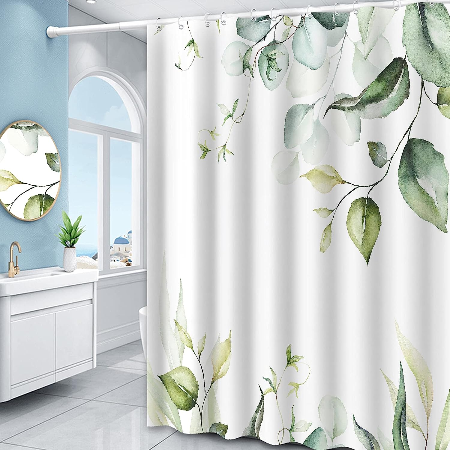 Green Leaves Botanical Themed Floral Shower Curtain for Bathroom Decor