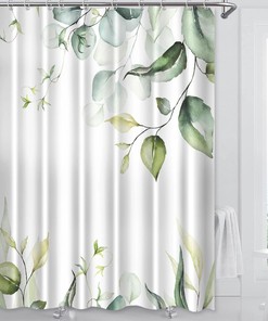 Green Leaves Botanical Themed Floral Shower Curtain for Bathroom Decor