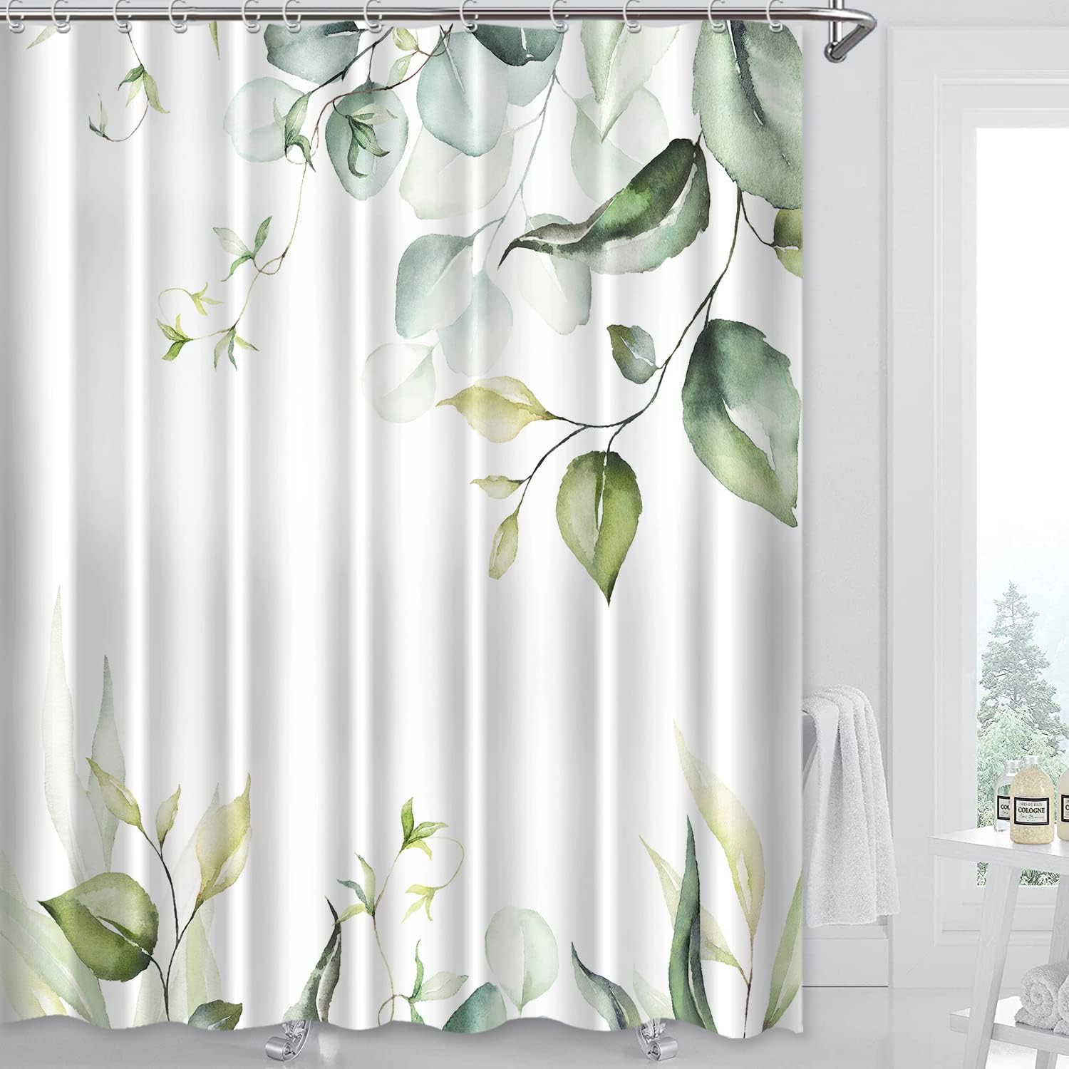 Green Leaves Botanical Themed Floral Shower Curtain for Bathroom Decor