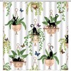 Green Leaves Funny Black Cat and Potted Plants Shower Curtain with Botanical Garden Scenery 