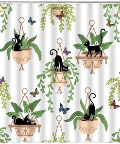 Green Leaves Funny Black Cat and Potted Plants Shower Curtain with Botanical Garden Scenery 