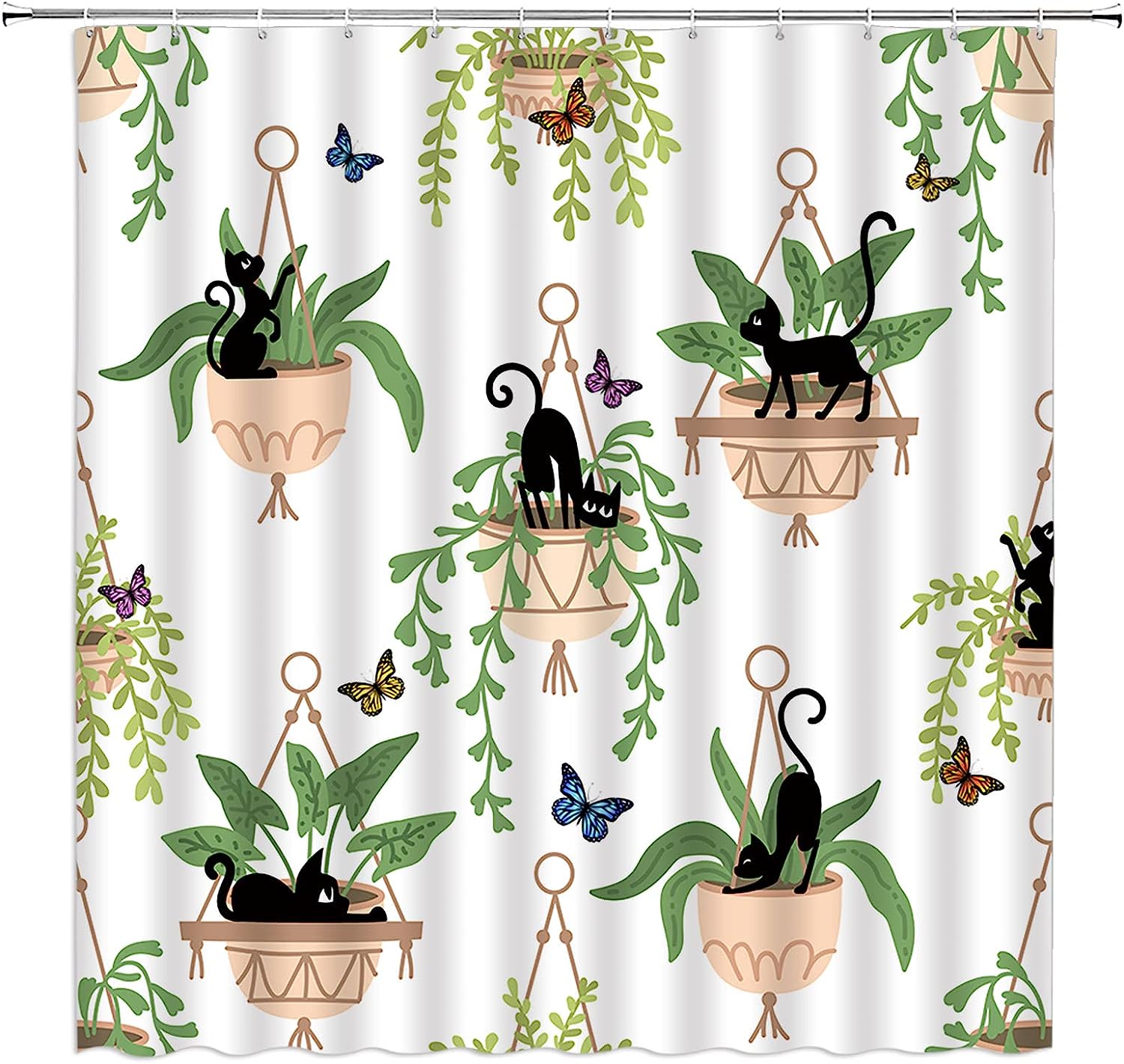 Green Leaves Funny Black Cat and Potted Plants Shower Curtain with Botanical Garden Scenery