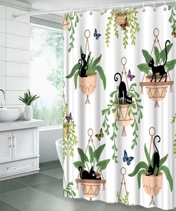Green Leaves Funny Black Cat and Potted Plants Shower Curtain with Botanical Garden Scenery