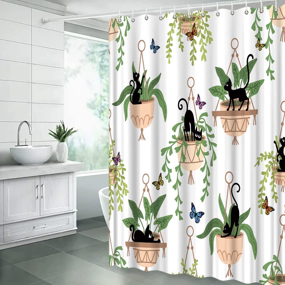 Green Leaves Funny Black Cat and Potted Plants Shower Curtain with Botanical Garden Scenery