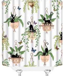 Green Leaves Funny Black Cat and Potted Plants Shower Curtain with Botanical Garden Scenery