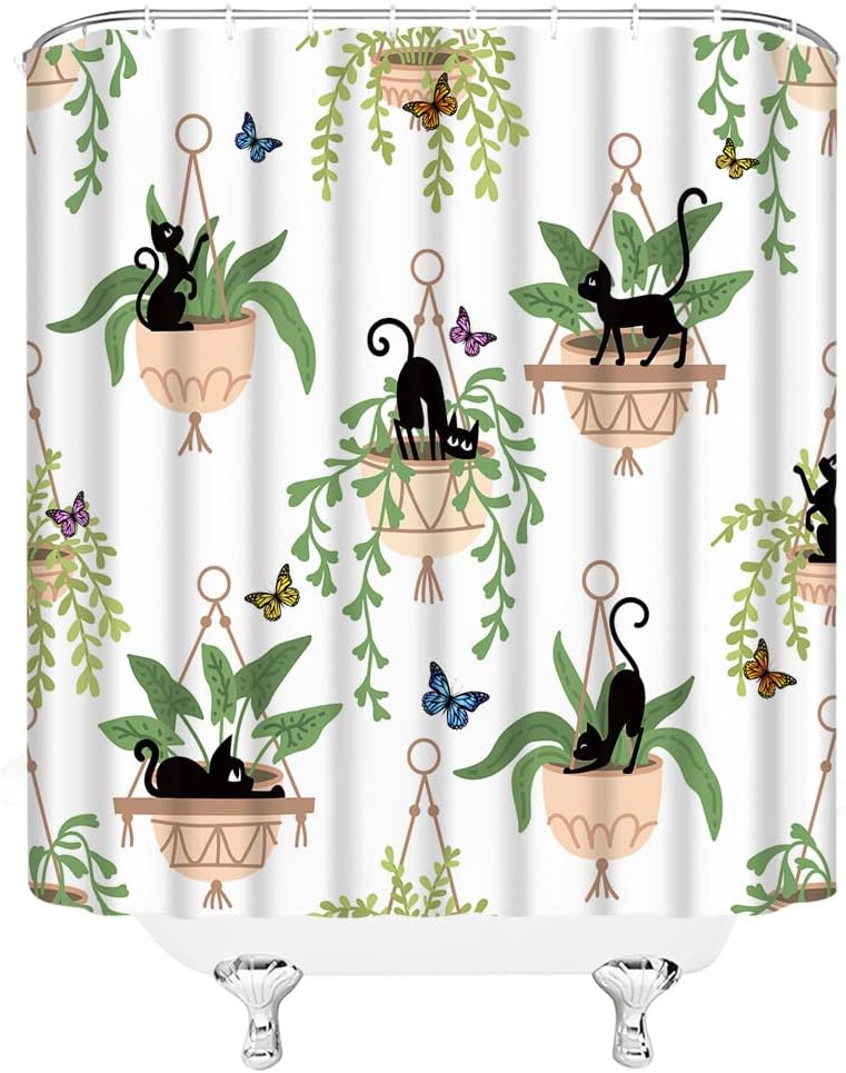 Green Leaves Funny Black Cat and Potted Plants Shower Curtain with Botanical Garden Scenery