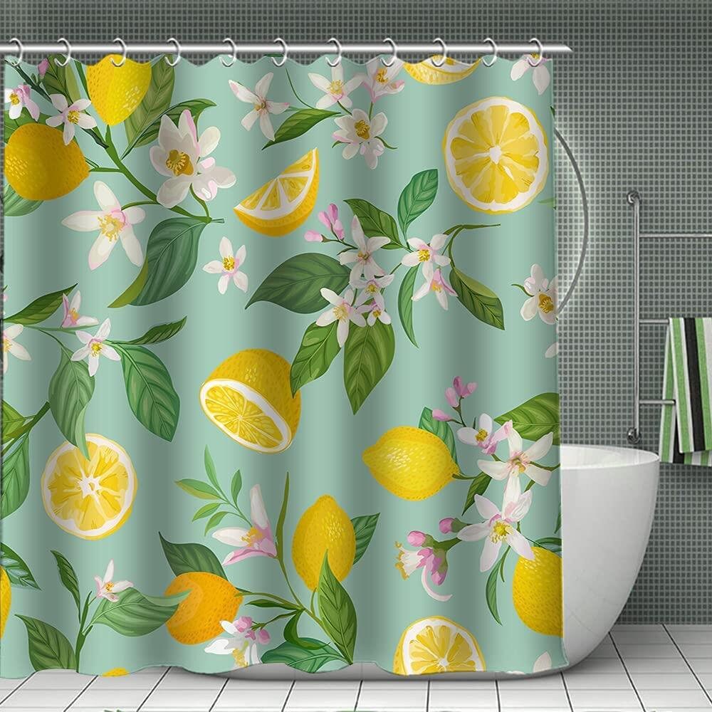 Green Leaves Lemon Shower Curtain, Vintage Bathroom Decor
