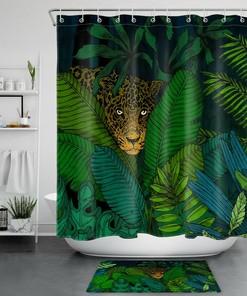 Green Leaves Leopard Plant Jungle Wildlife Shower Curtain With Tropical Print