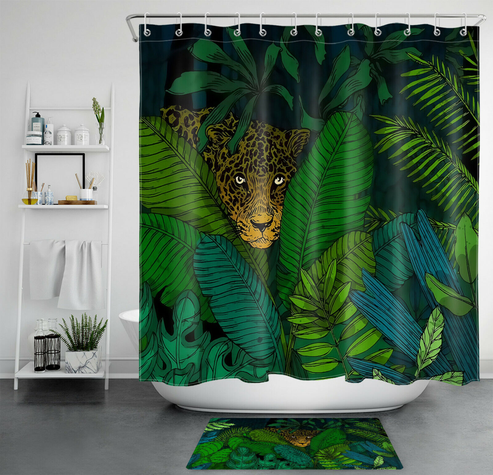 Green Leaves Leopard Plant Jungle Wildlife Shower Curtain With Tropical Print