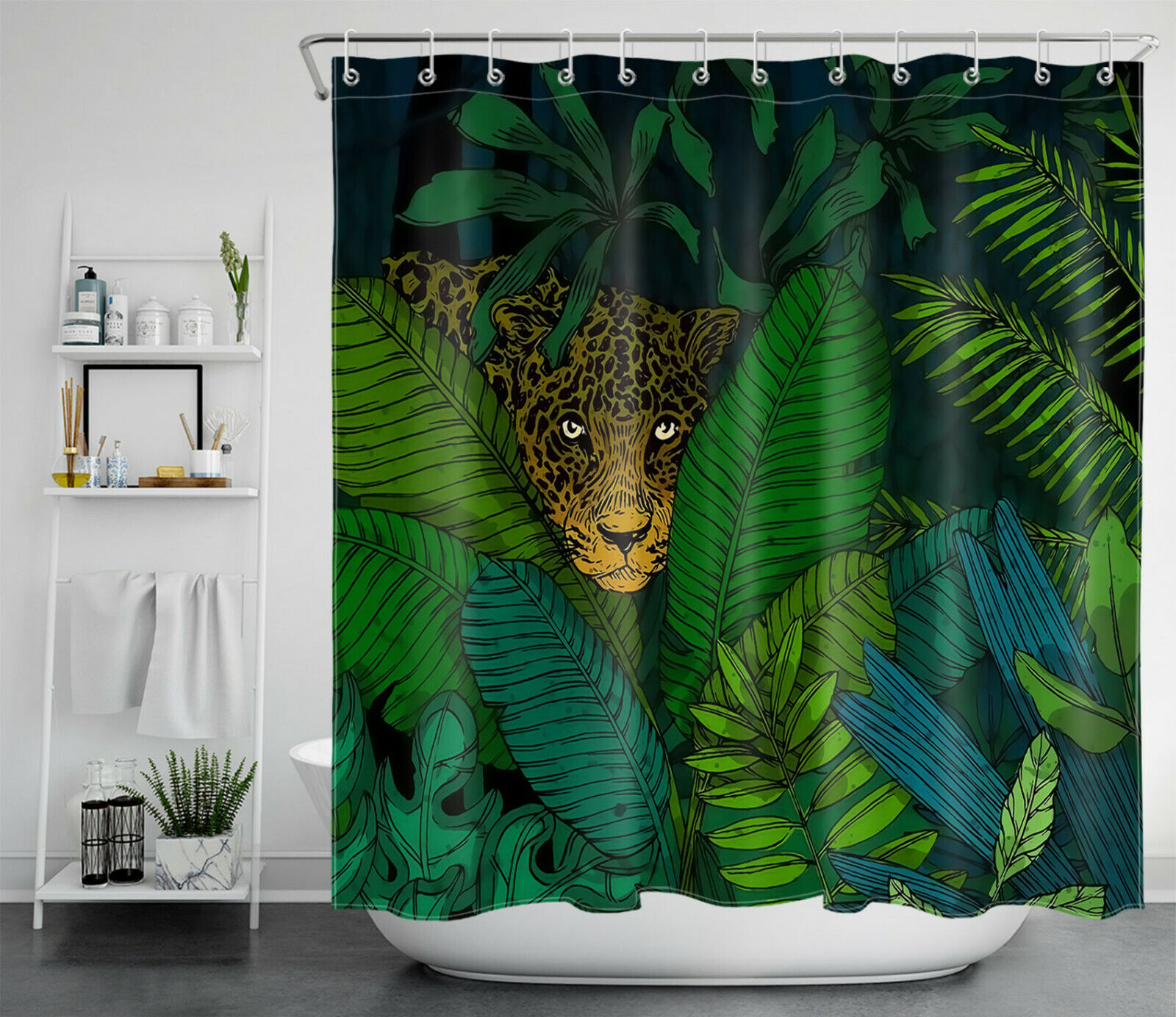 Green Leaves Leopard Plant Jungle Wildlife Shower Curtain With Tropical Print - Image 2